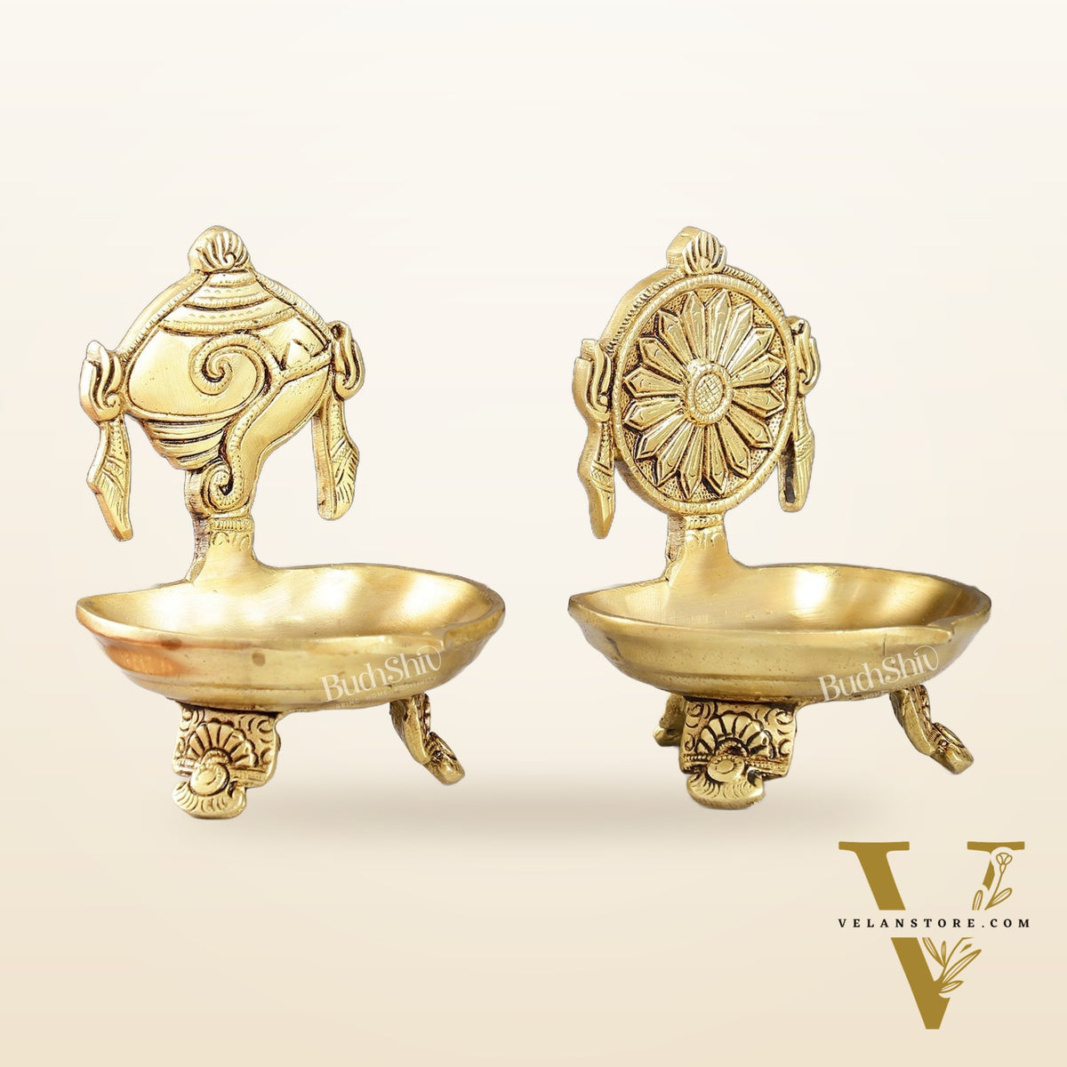 Brass Shankh and Chakra oil lamps 5 inch