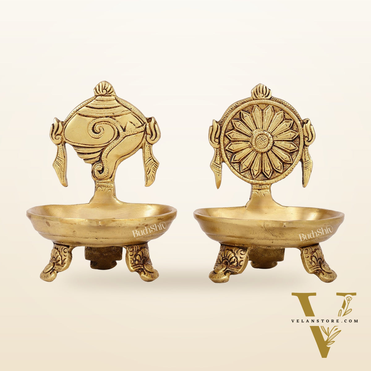 Brass Shankh and Chakra oil lamps 5 inch