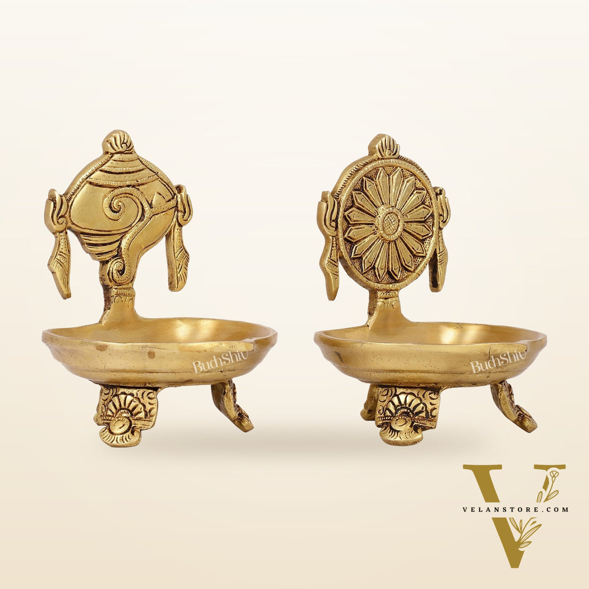 Brass Shankh and Chakra oil lamps 5 inch