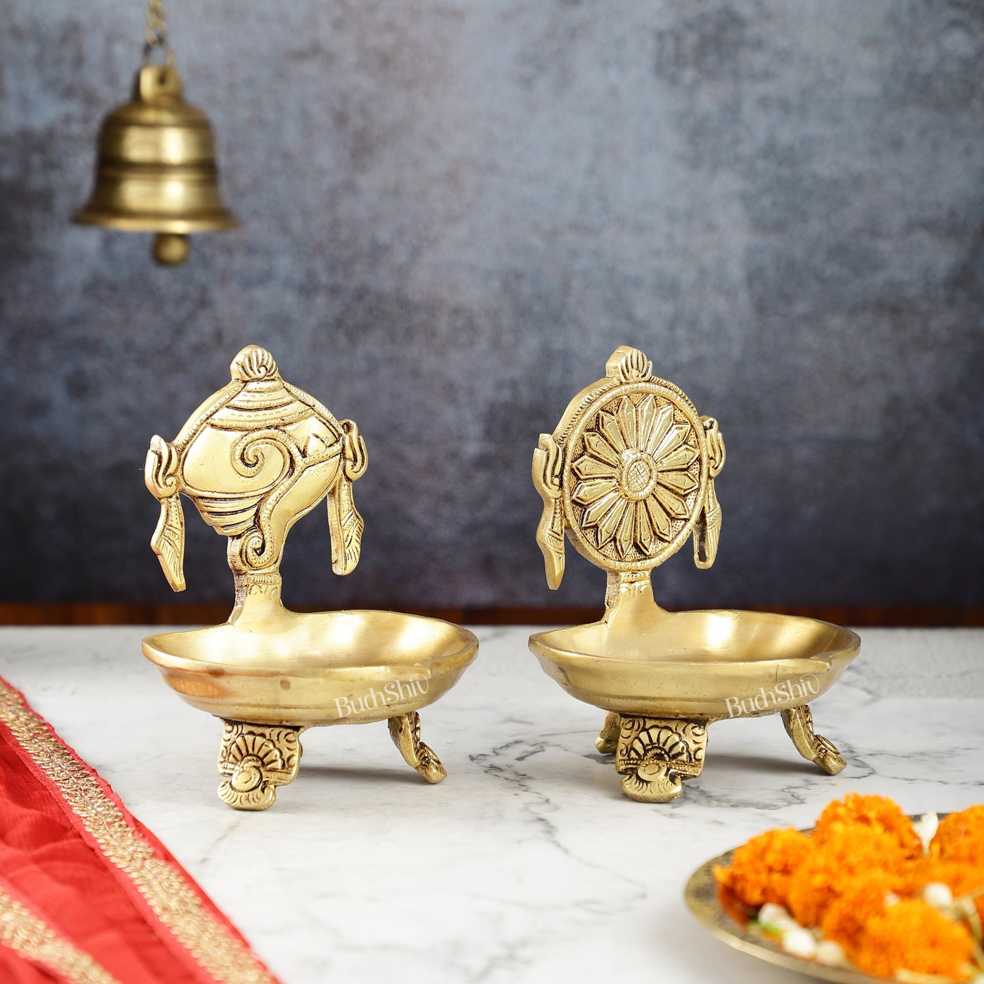 Brass Shankh and Chakra oil lamps 5 inch