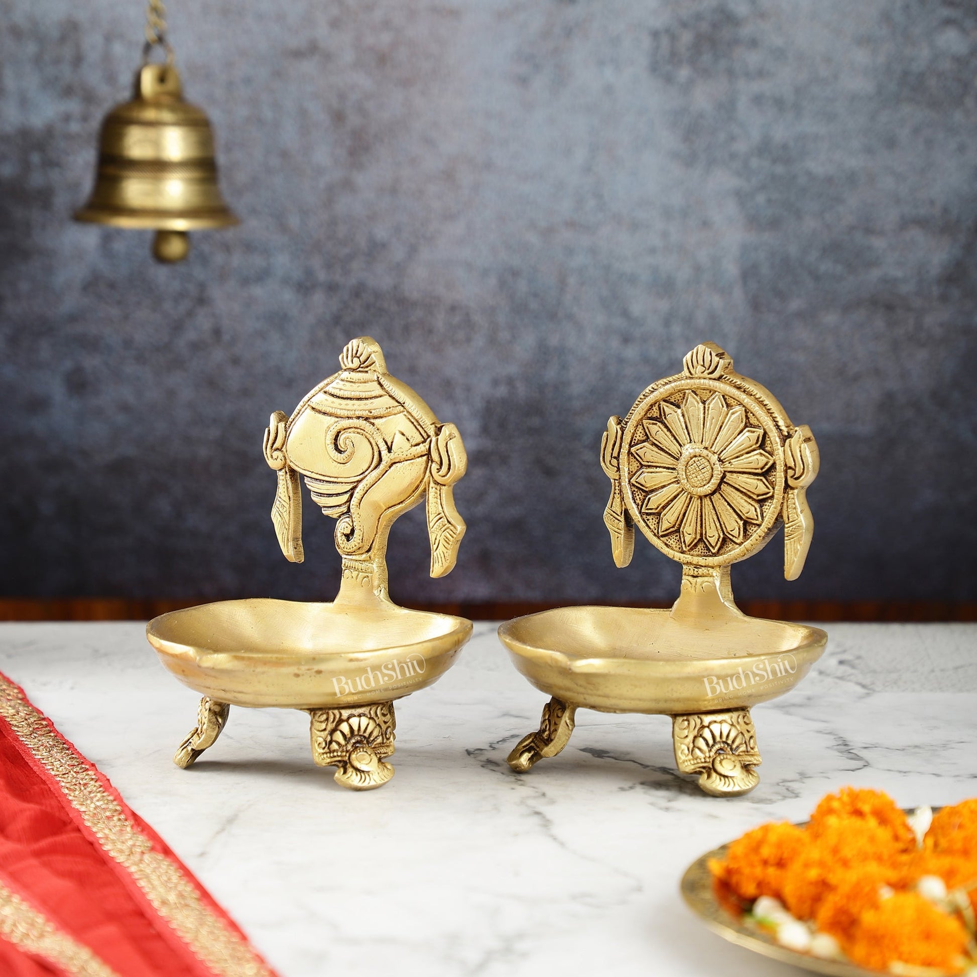 Brass Shankh and Chakra oil lamps 5 inch