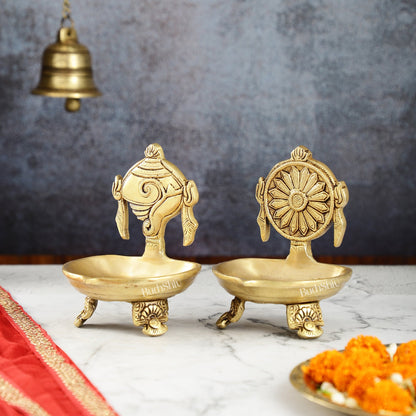 Brass Shankh and Chakra oil lamps 5 inch