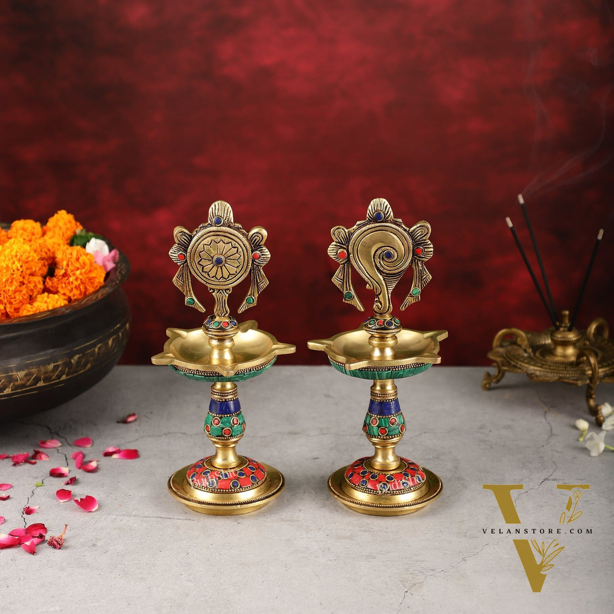 Brass Shankh Chakra lamps 9 inch