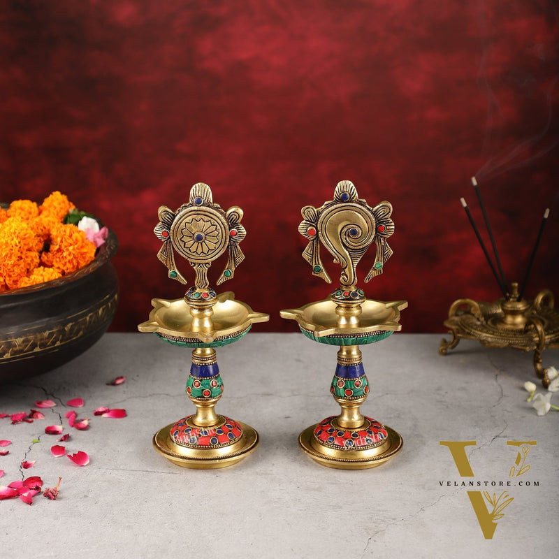 Brass Shankh Chakra lamps 9 inch