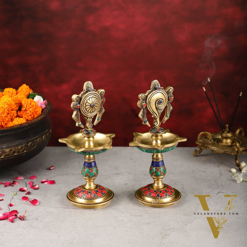 Brass Shankh Chakra lamps 9 inch
