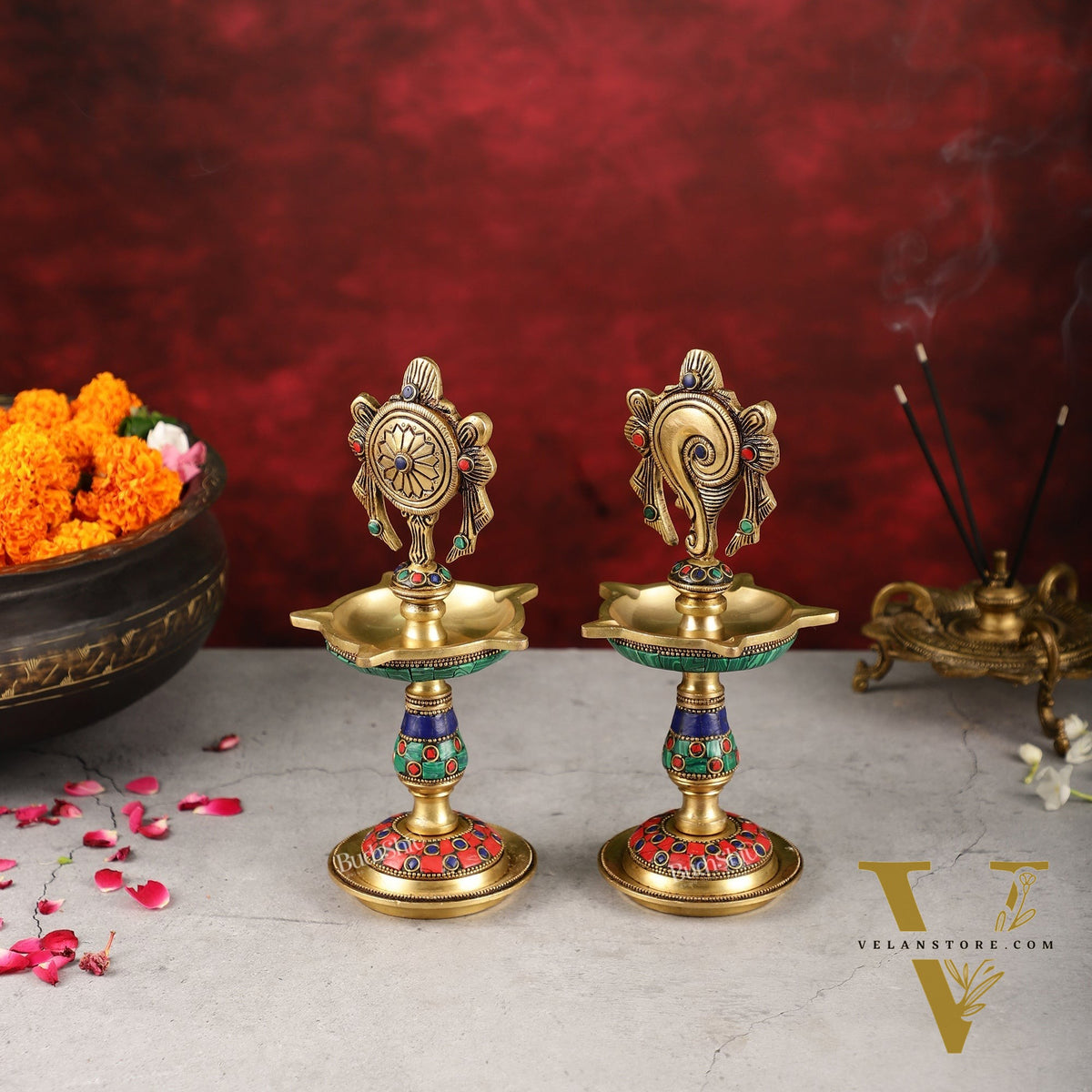 Brass Shankh Chakra lamps 9 inch