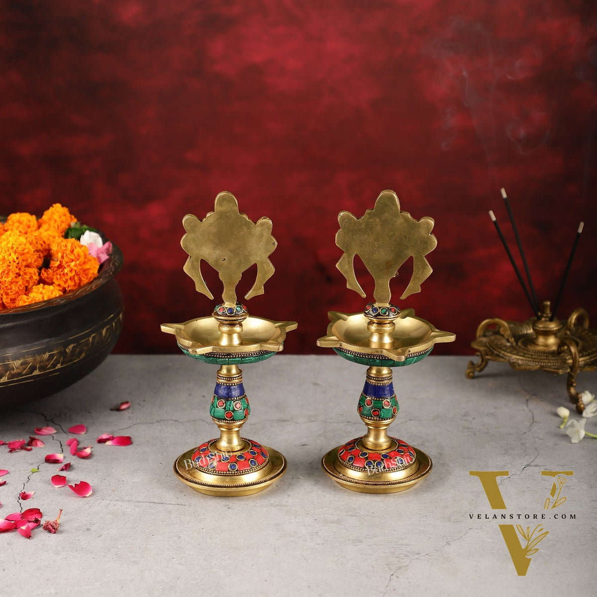 Brass Shankh Chakra lamps 9 inch