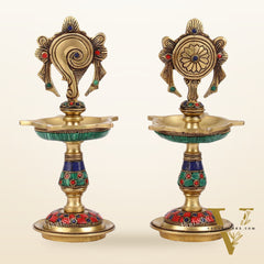 Brass Shankh Chakra lamps 9 inch