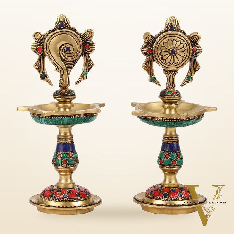 Brass Shankh Chakra lamps 9 inch