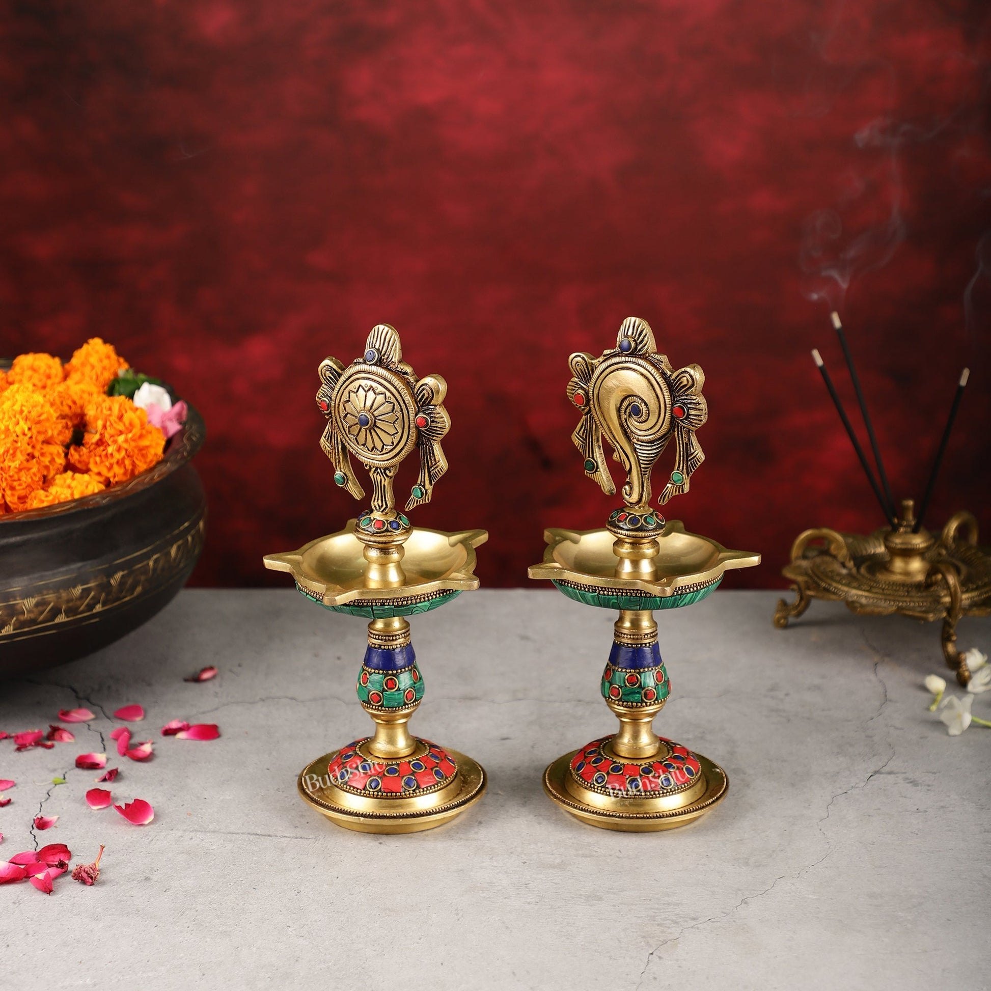 Brass Shankh Chakra lamps 9 inch