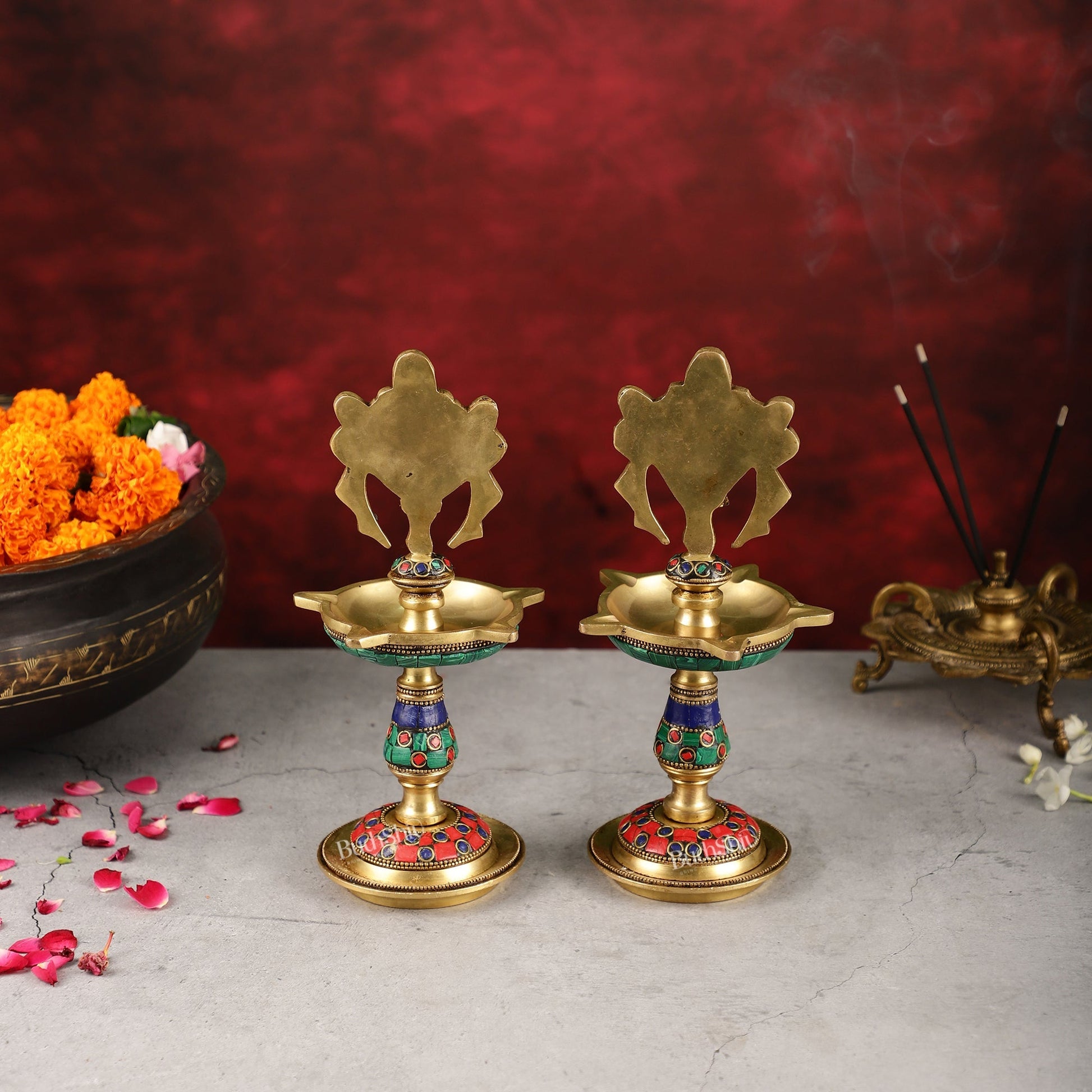 Brass Shankh Chakra lamps 9 inch