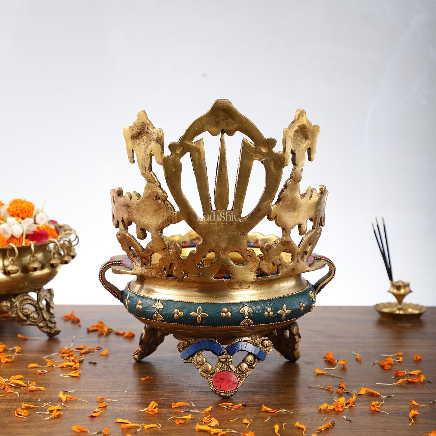 Brass Shankh Chakra Namah Urli Bowl with Stonework - 11x9.5x8.5 Inch