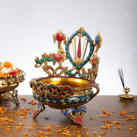 Brass Shankh Chakra Namah Urli Bowl with Stonework - 11x9.5x8.5 Inch