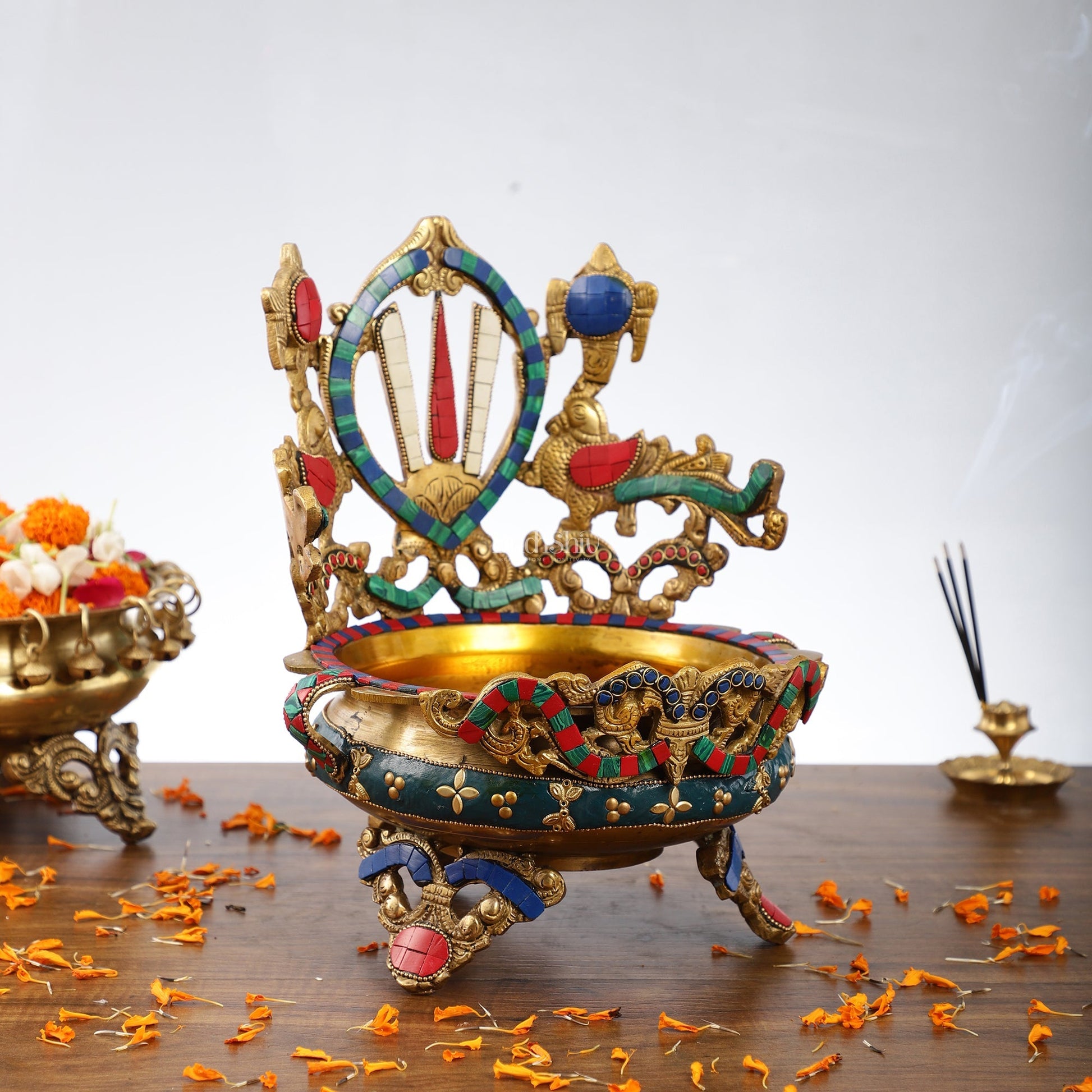 Brass Shankh Chakra Namah Urli Bowl with Stonework - 11x9.5x8.5 Inch