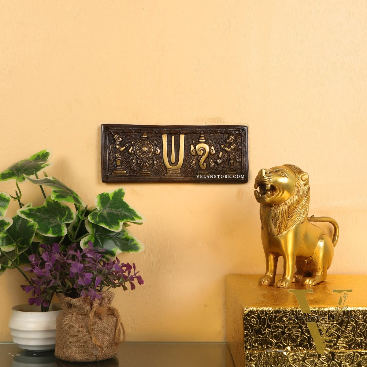 Brass Shankh Chakra & Namah Wall Hanging Plates | 8x3 inch