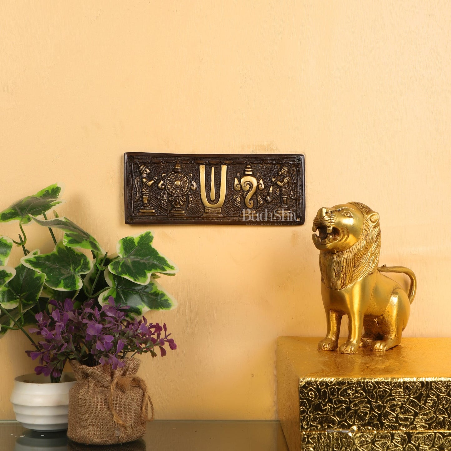 Brass Shankh Chakra & Namah Wall Hanging Plates | 8x3 inch