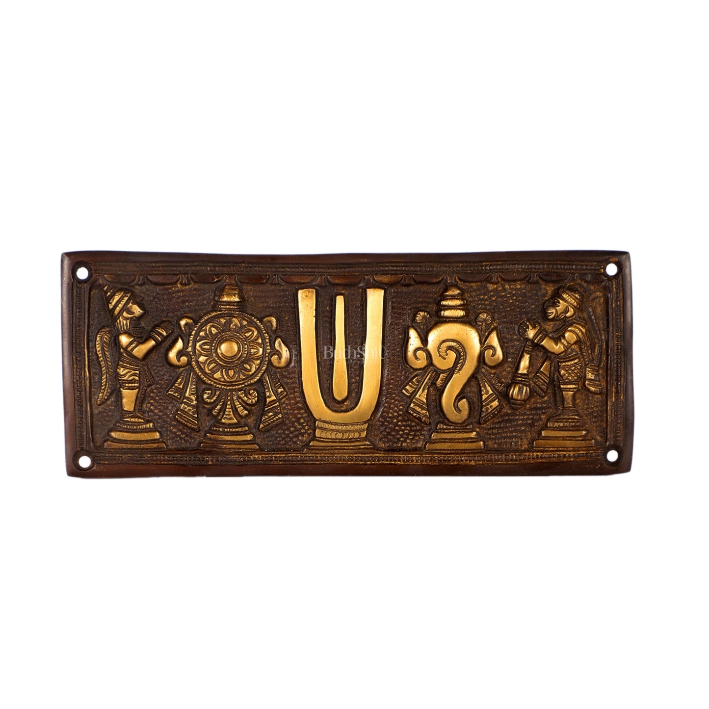 Brass Shankh Chakra & Namah Wall Hanging Plates | 8x3 inch