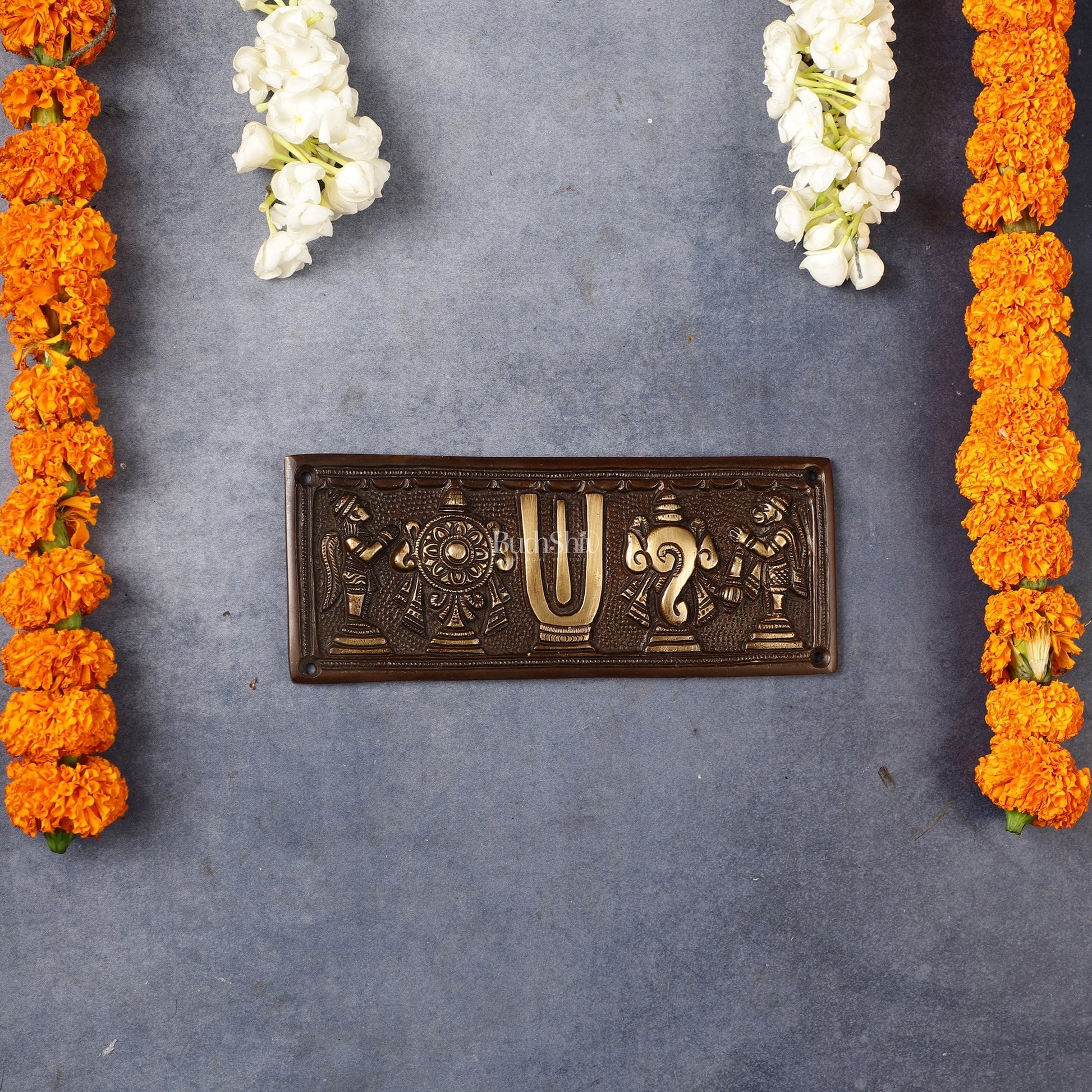 Brass Shankh Chakra Namah Wall Hanging Plates | 8x3 inch