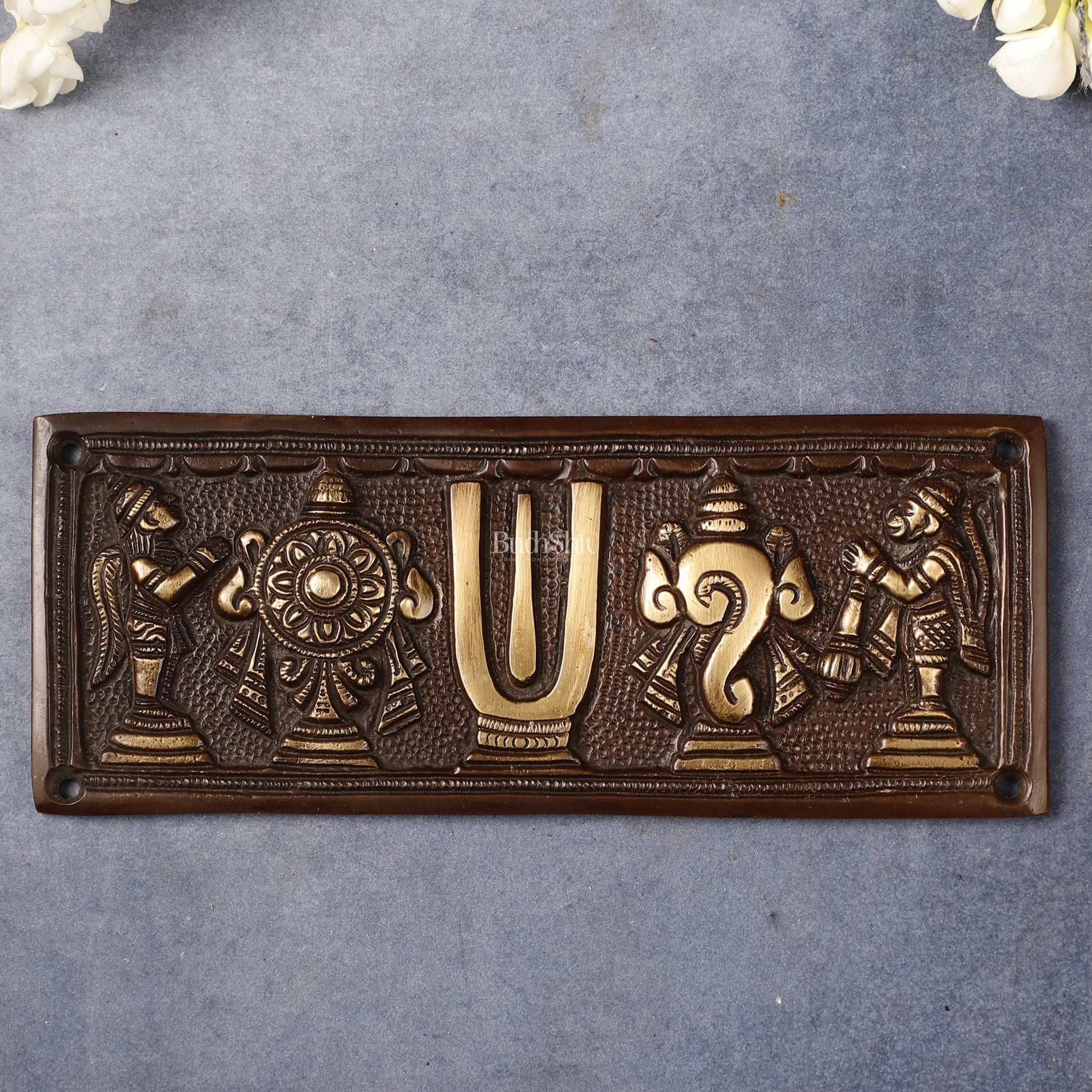 Brass Shankh Chakra Namah Wall Hanging Plates | 8x3 inch