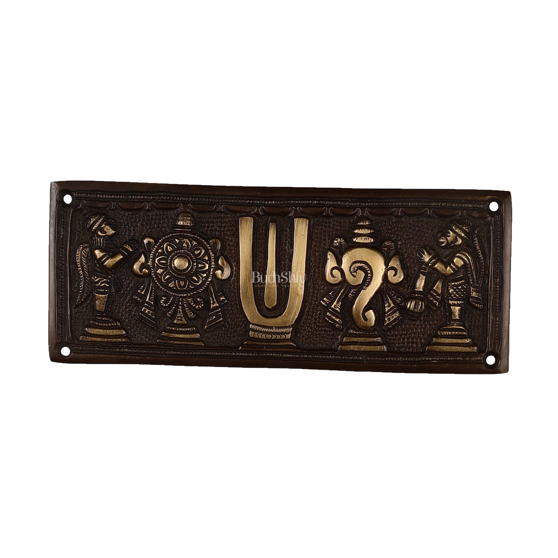 Brass Shankh Chakra Namah Wall Hanging Plates | 8x3 inch