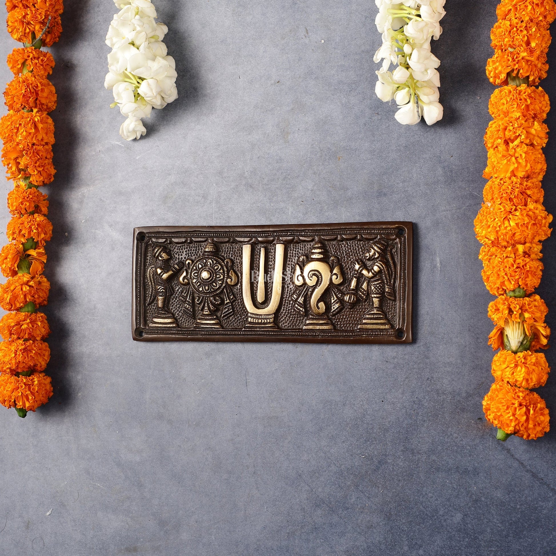 Brass Shankh Chakra Namah Wall Hanging Plates | 8x3 inch