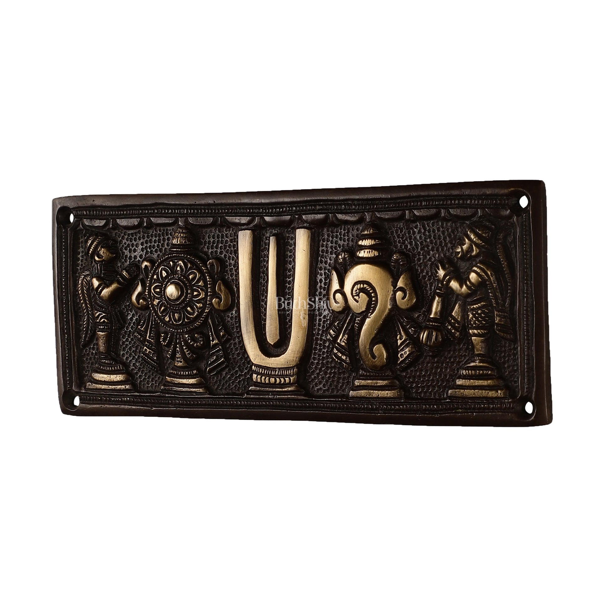 Brass Shankh Chakra Namah Wall Hanging Plates | 8x3 inch
