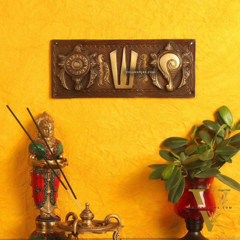Brass Shankh Chakra & Namah Wall Plates | Lord Tirupati Balaji Symbol | 10x4 inch