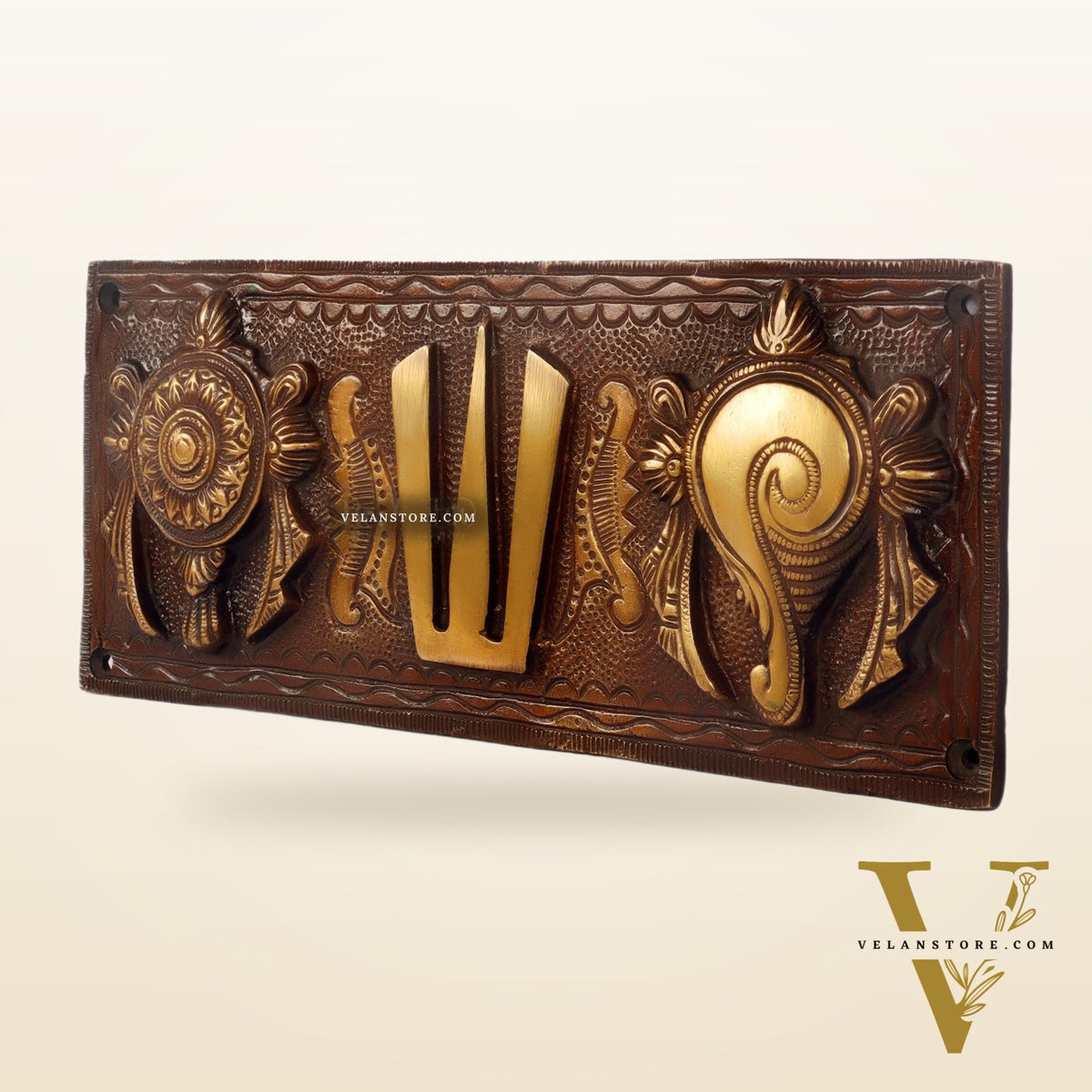 Brass Shankh Chakra & Namah Wall Plates | Lord Tirupati Balaji Symbol | 10x4 inch