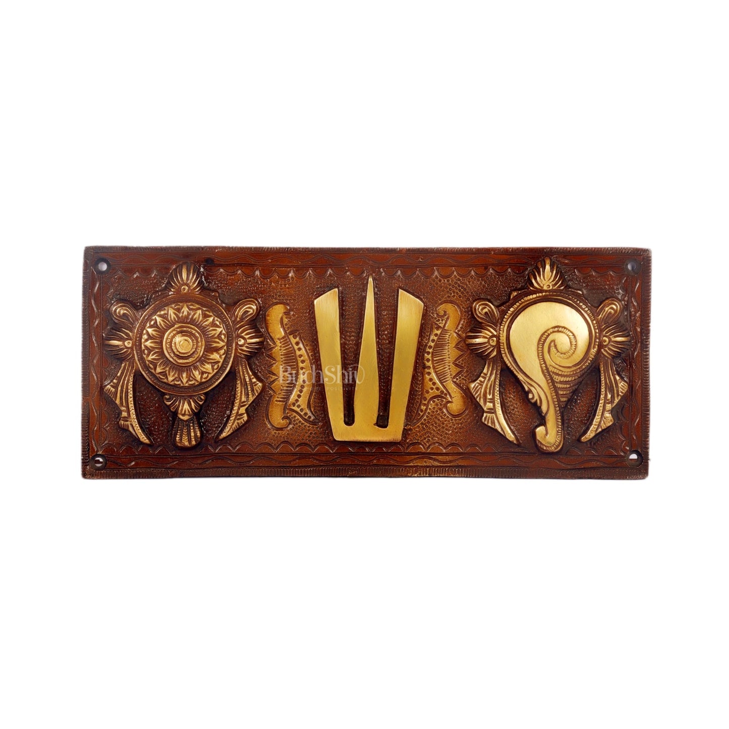 Brass Shankh Chakra & Namah Wall Plates | Lord Tirupati Balaji Symbol | 10x4 inch