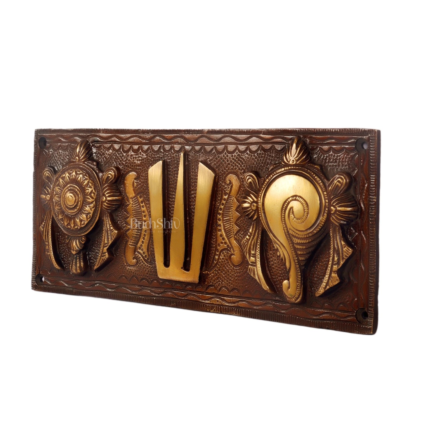 Brass Shankh Chakra & Namah Wall Plates | Lord Tirupati Balaji Symbol | 10x4 inch
