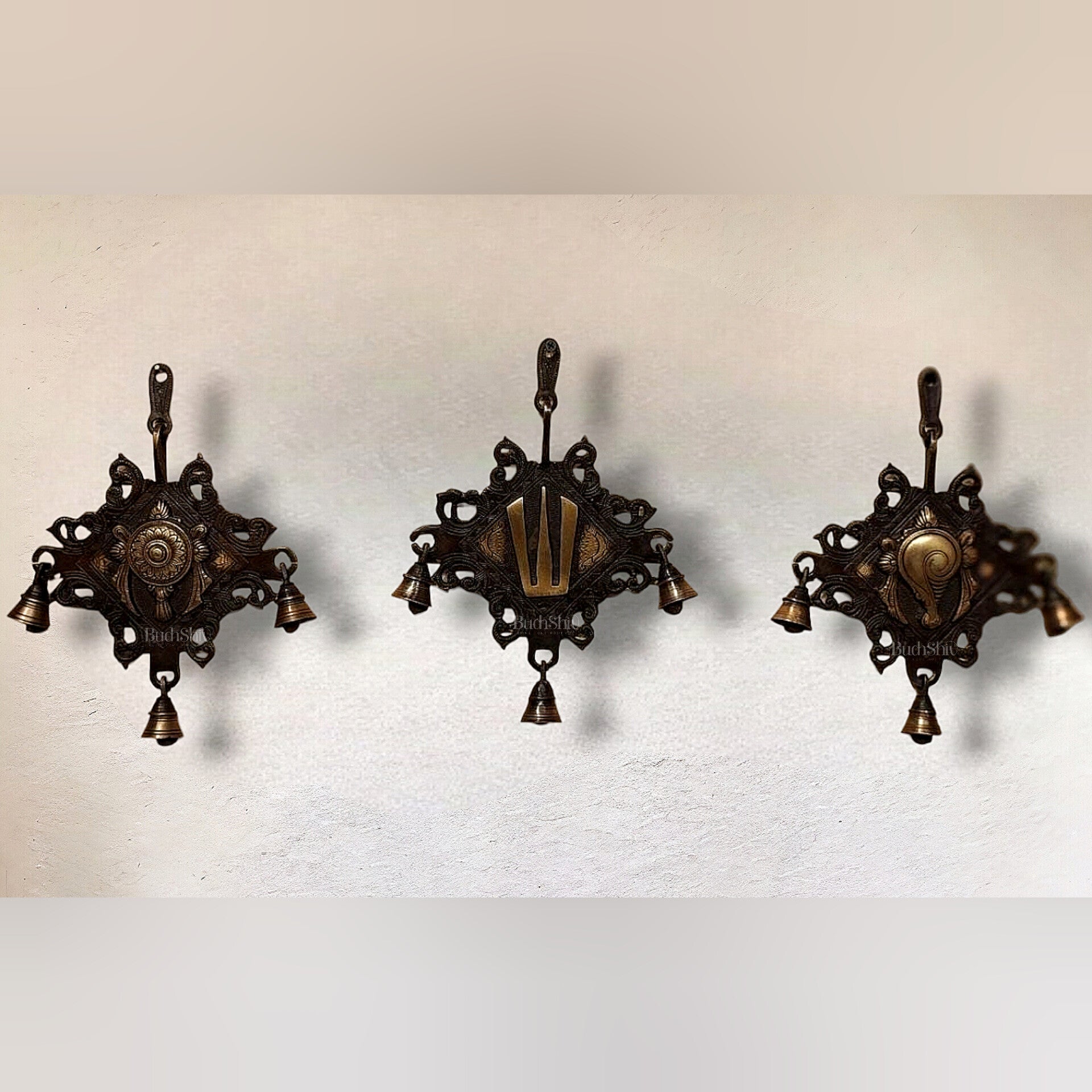 Brass Shankh Chakra Namaha wall hanging 10 "