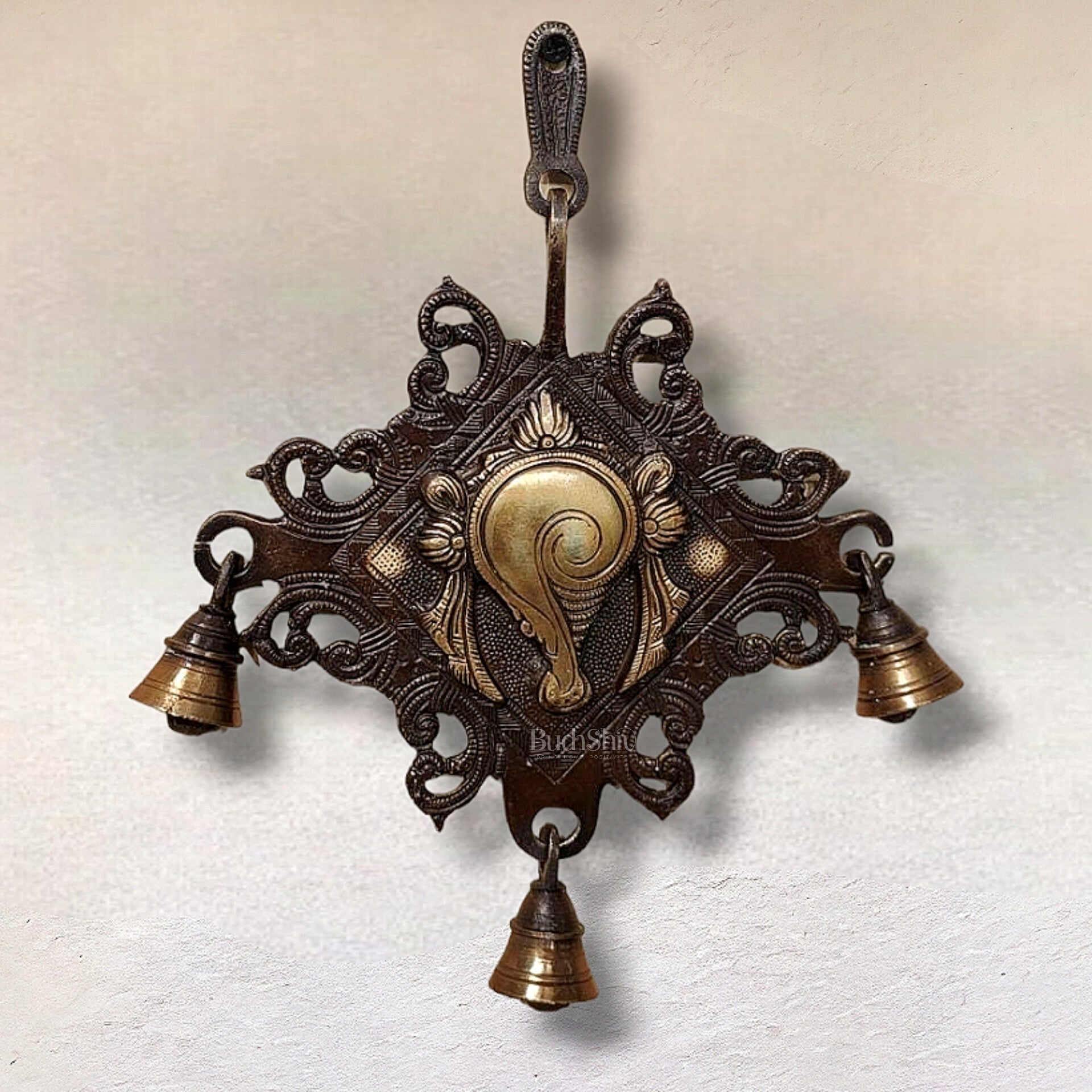 Brass Shankh Chakra Namaha wall hanging 10 "