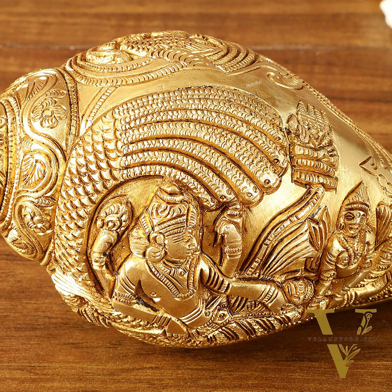 Brass Shankh Vishnu Lakshmi conch 7.5"