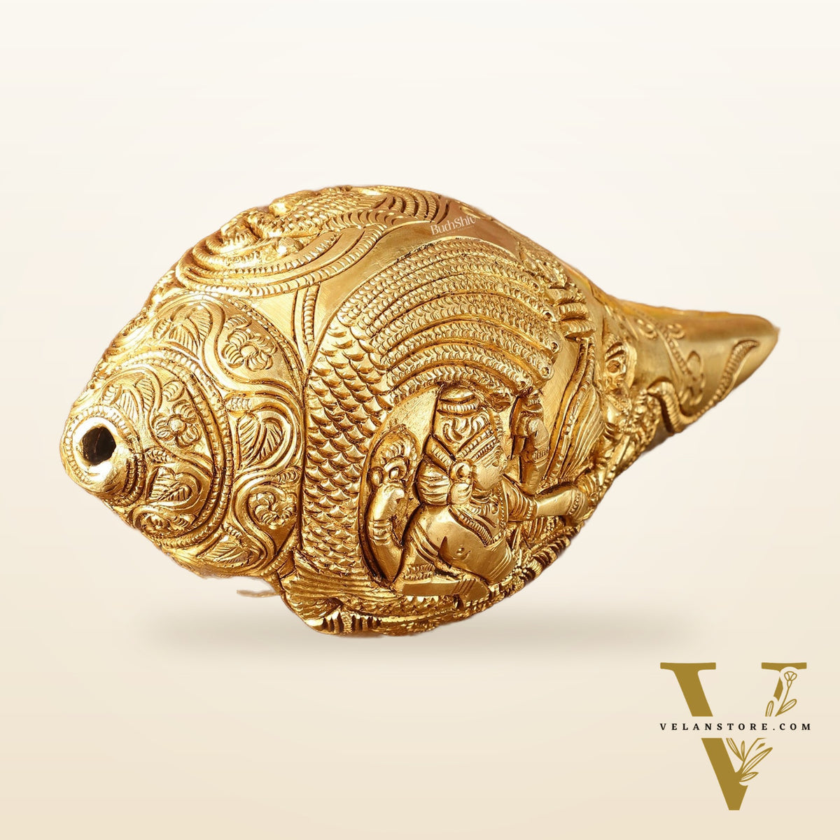 Brass Shankh Vishnu Lakshmi conch 7.5"