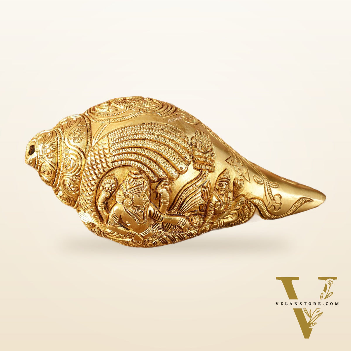 Brass Shankh Vishnu Lakshmi conch 7.5"