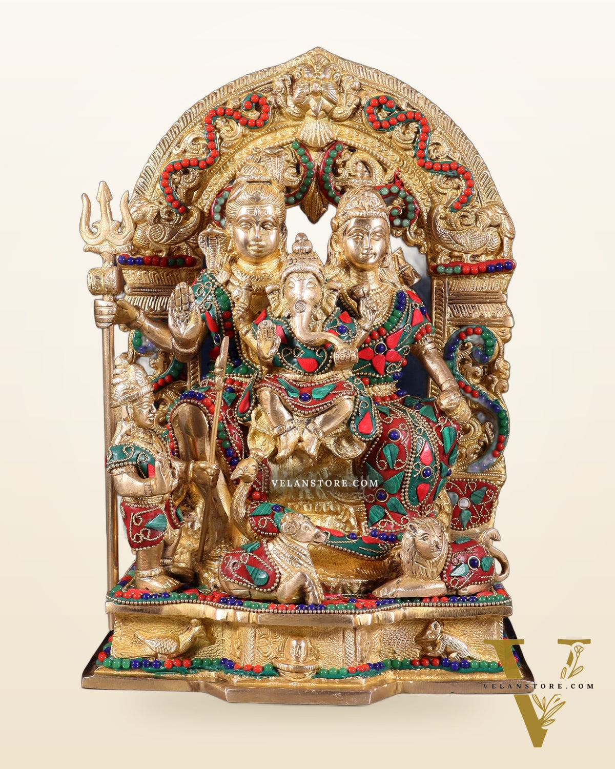Brass Shiv Parivar Idol - Floral stonework  - 12" Height