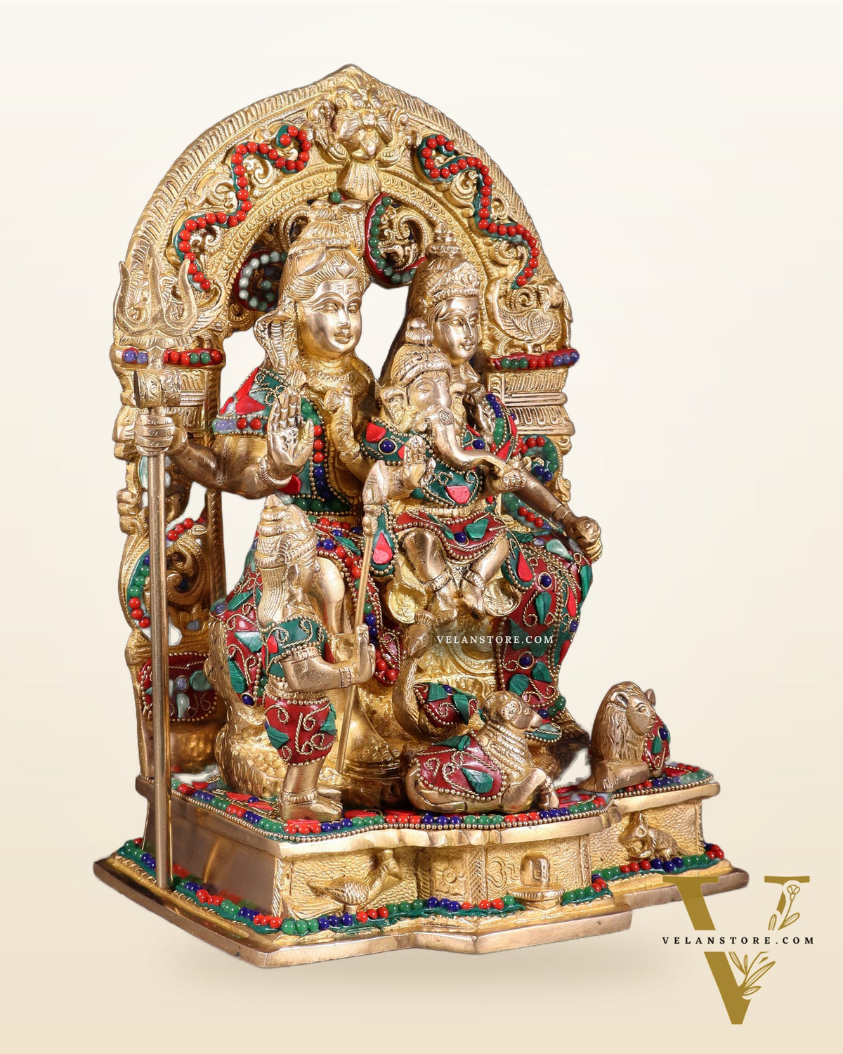 Brass Shiv Parivar Idol - Floral stonework  - 12" Height