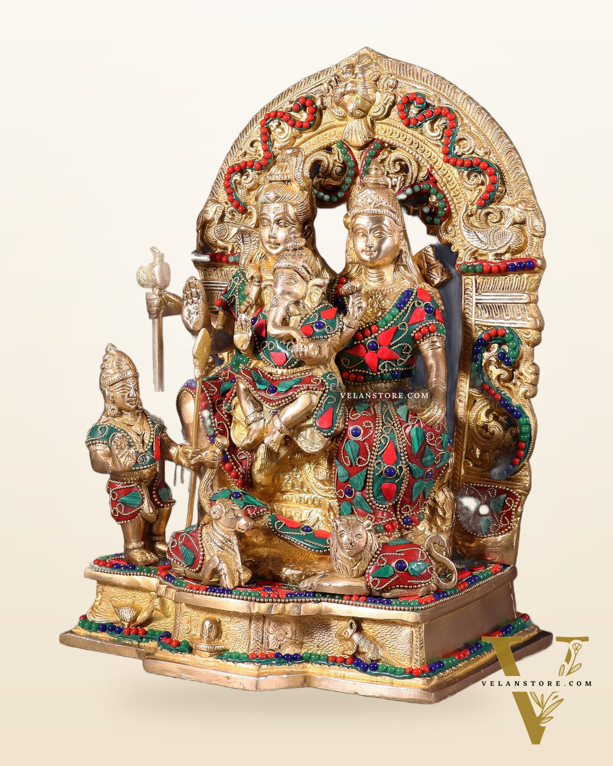 Brass Shiv Parivar Idol - Floral stonework  - 12" Height