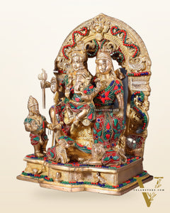 Brass Shiv Parivar Idol - Floral stonework  - 12" Height