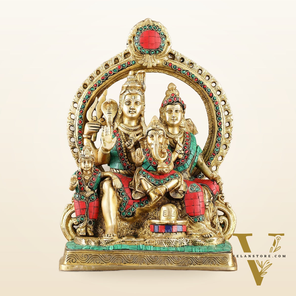 Brass Shiv Parivar Idol with Frame - 12.5 inch stonework