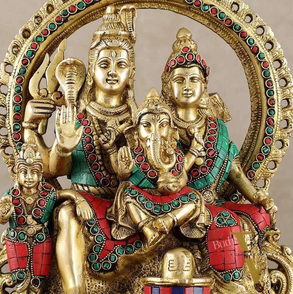 Brass Shiv Parivar Idol with Frame - 12.5 inch stonework