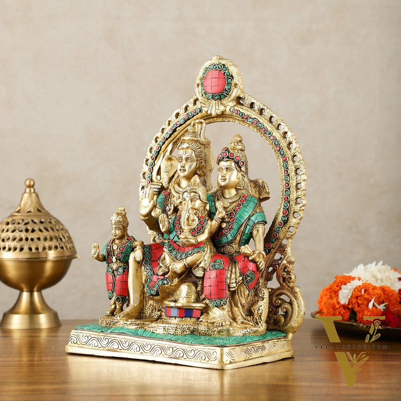 Brass Shiv Parivar Idol with Frame - 12.5 inch stonework