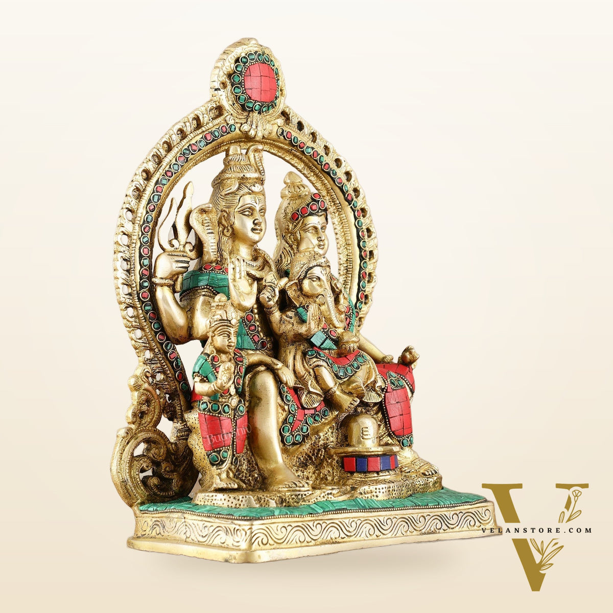 Brass Shiv Parivar Idol with Frame - 12.5 inch stonework