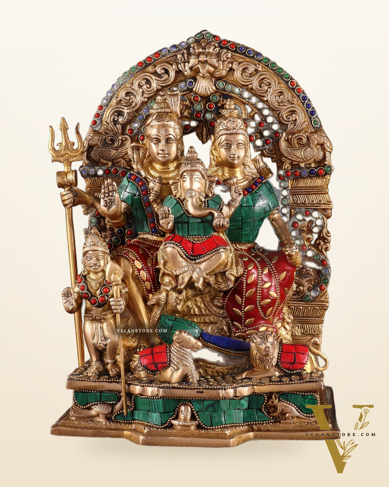 Brass Shiv Parivar Idol with stonework 12"