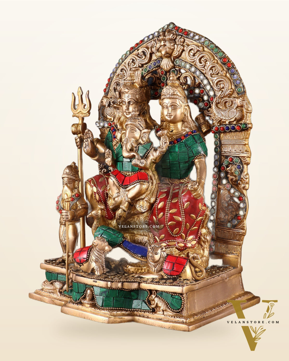 Brass Shiv Parivar Idol with stonework 12"