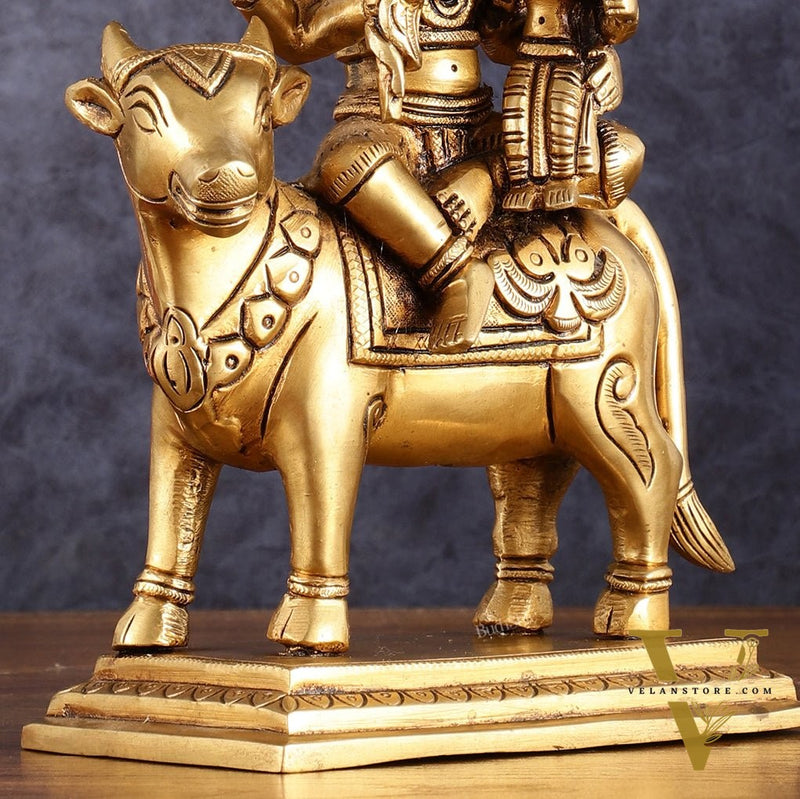 Brass Shiv Parvati Seated on Nandi | Pradosh - 8.5 Inch
