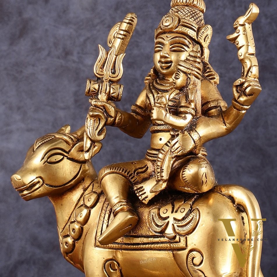 Brass Shiv Parvati Seated on Nandi | Pradosh - 8.5 Inch