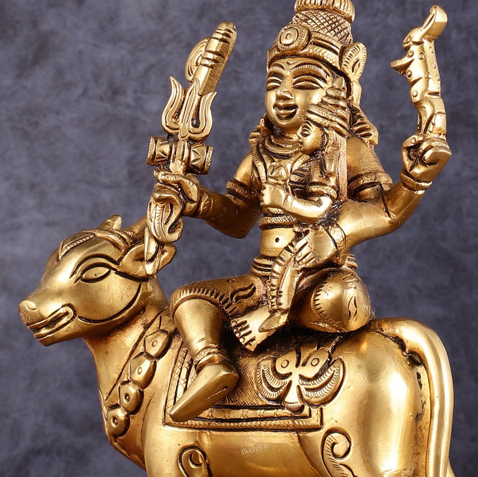 Brass Shiv Parvati Seated on Nandi | Pradosh - 8.5 Inch