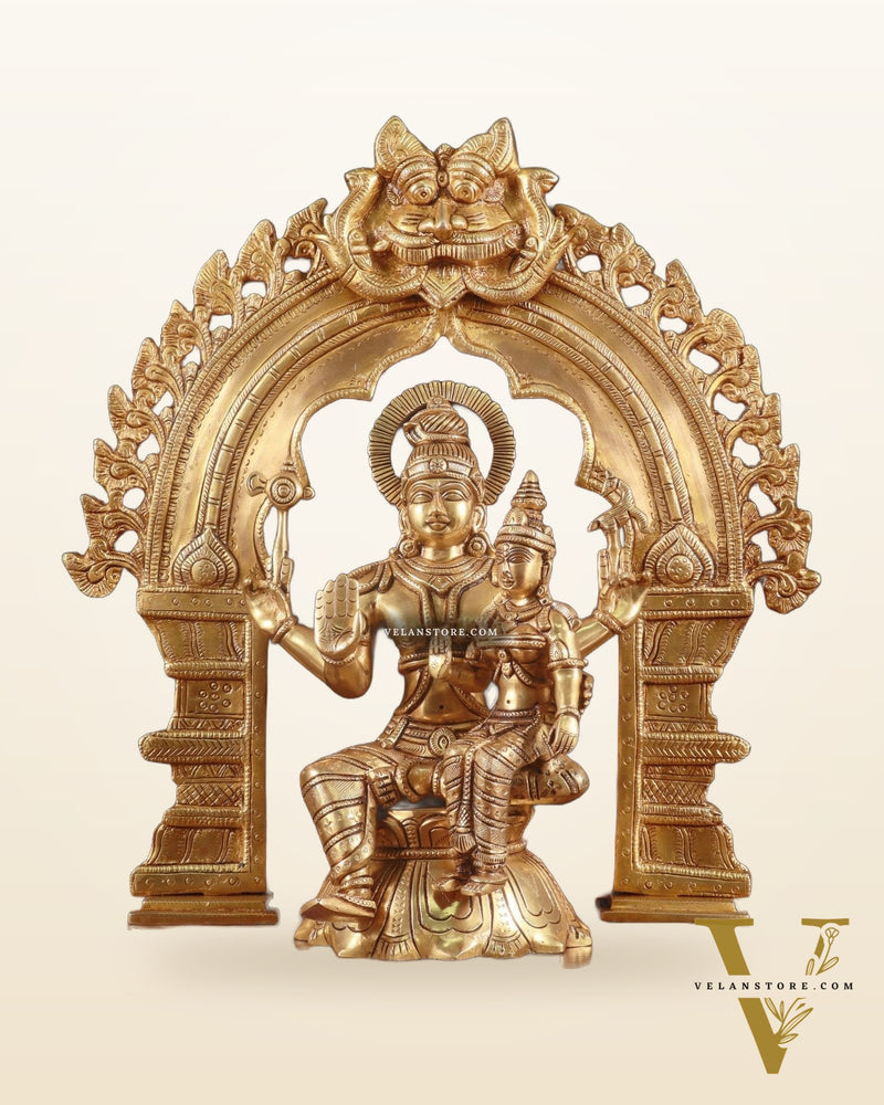 Brass Shiva & Parvati Seated Statue with Prabhavali Arch 17"