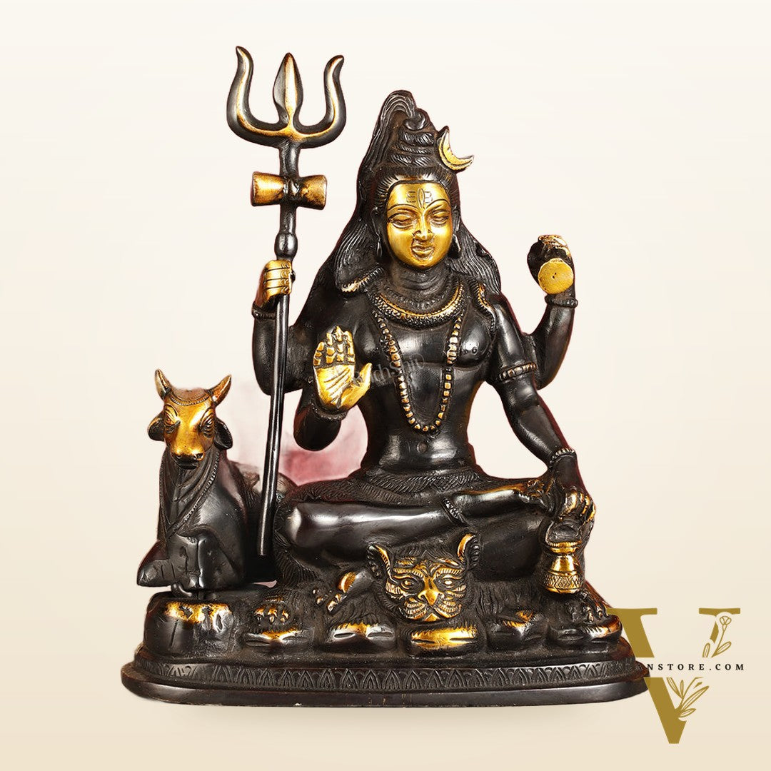 Brass Shiva statue with nandi 9" black antique